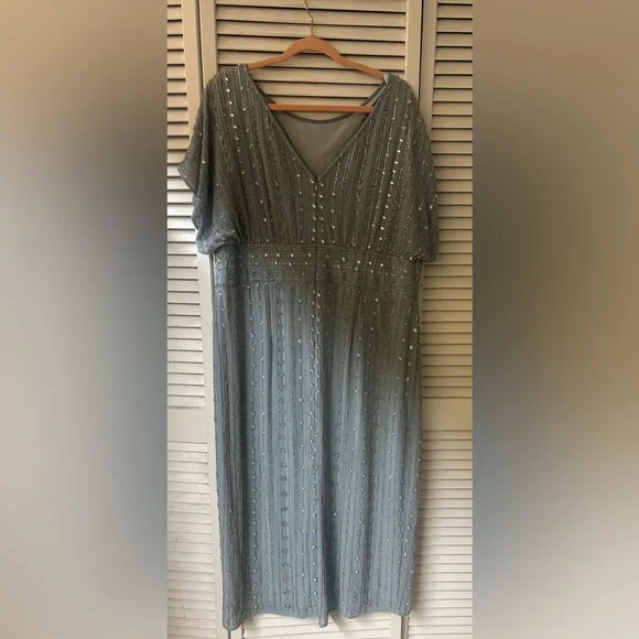 Mac  Duggal Beaded Slate Blue Midi Dress Size 16 - Picture 7 of 9